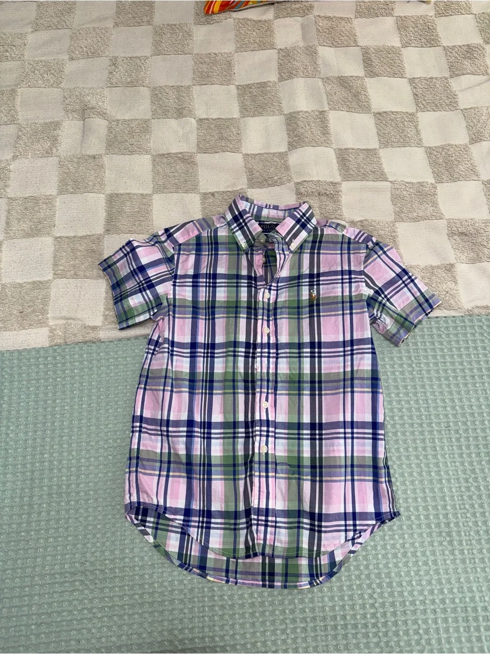 Polo Ralph Lauren Short Sleeve Plaid Button-Up Shirt in Pink, Blue & Green S (8)